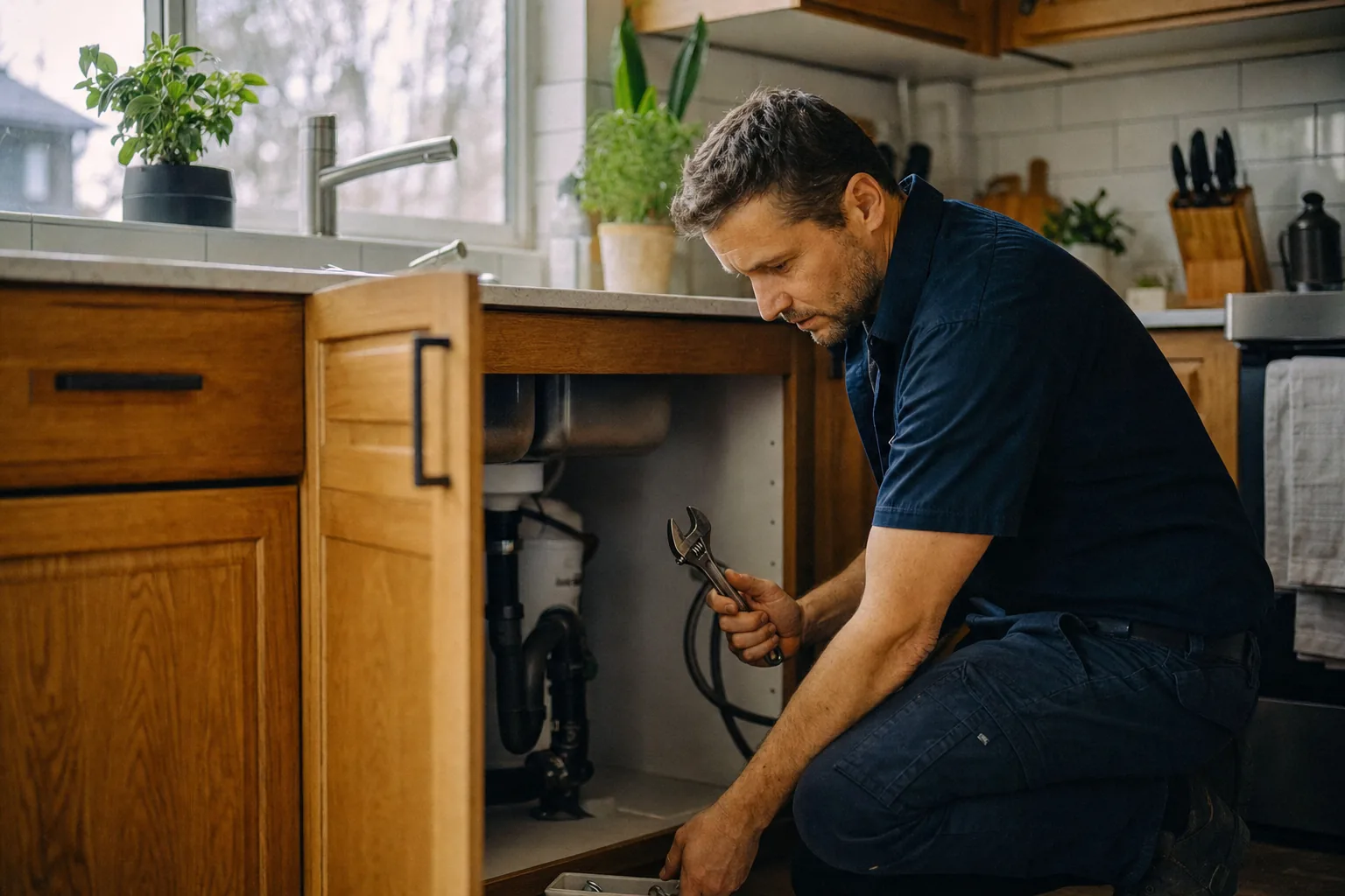 Plumber repairing a kitchen sink in an Everett home
