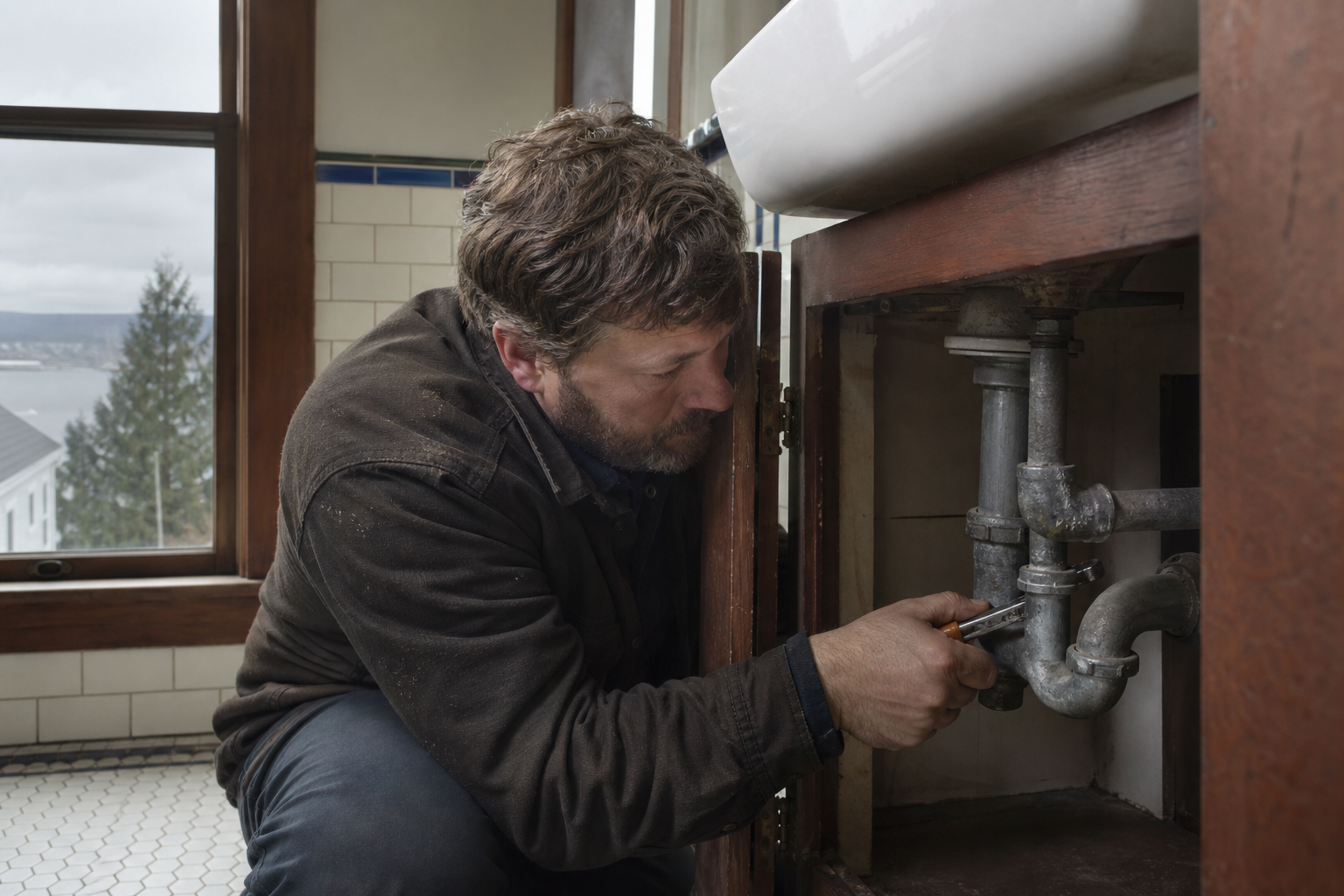 Plumber working in a historic Port Gardner Everett home
