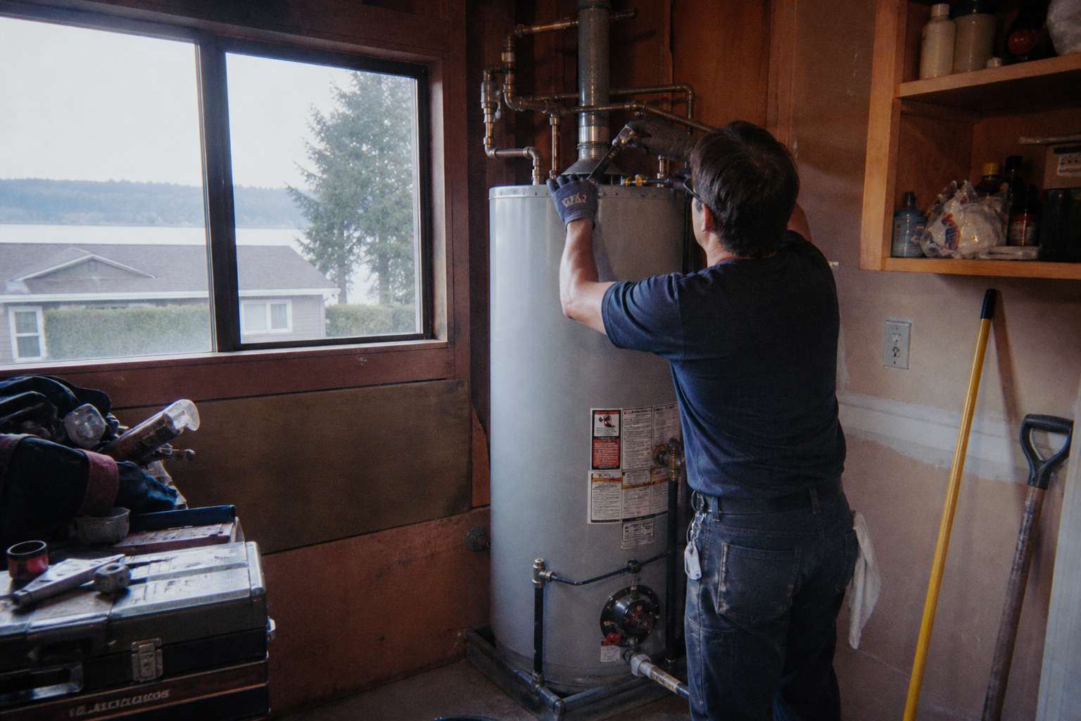 Plumber servicing a water heater in a Silver Lake Everett garage