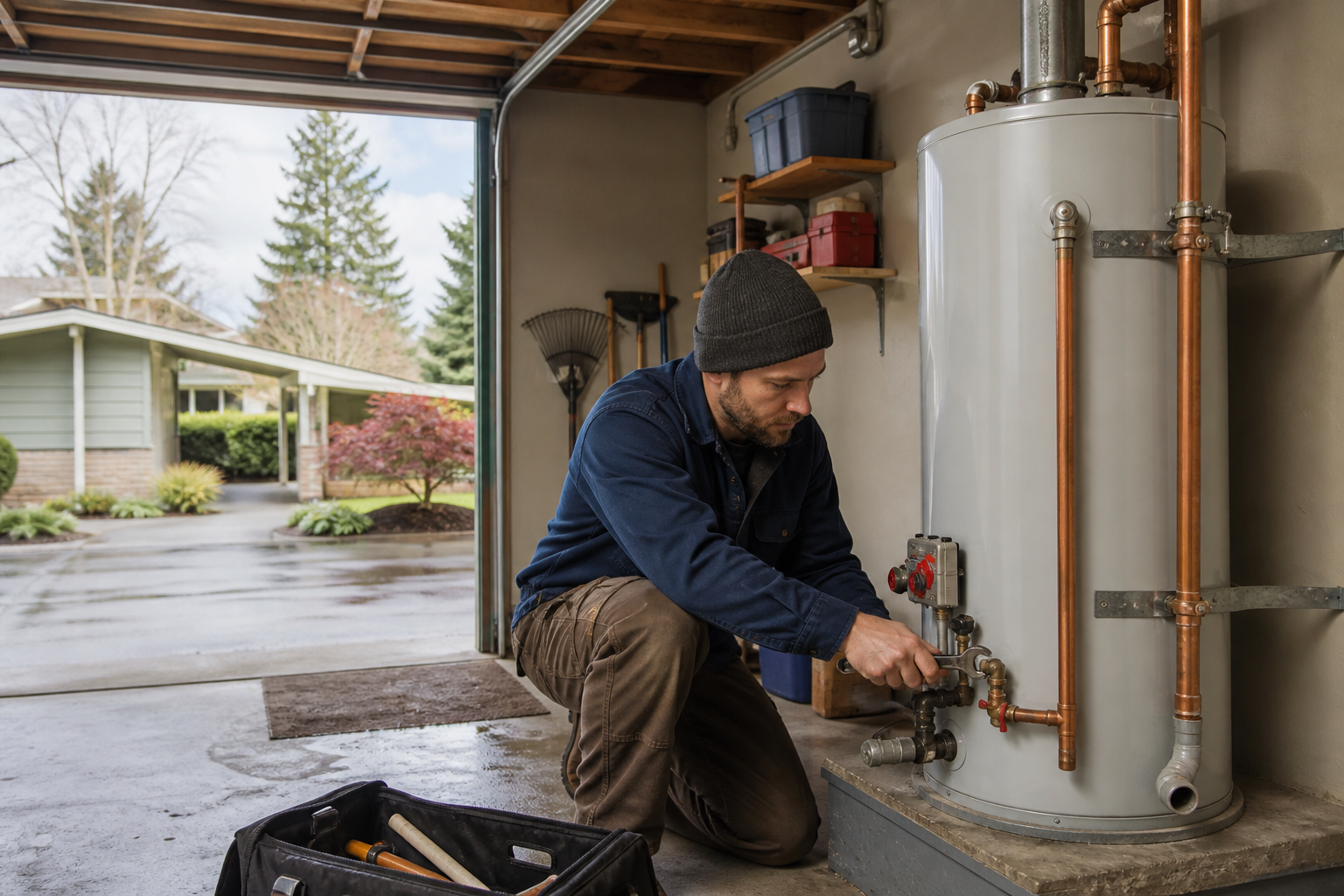 Plumber servicing a water heater in View Ridge-Madison Everett