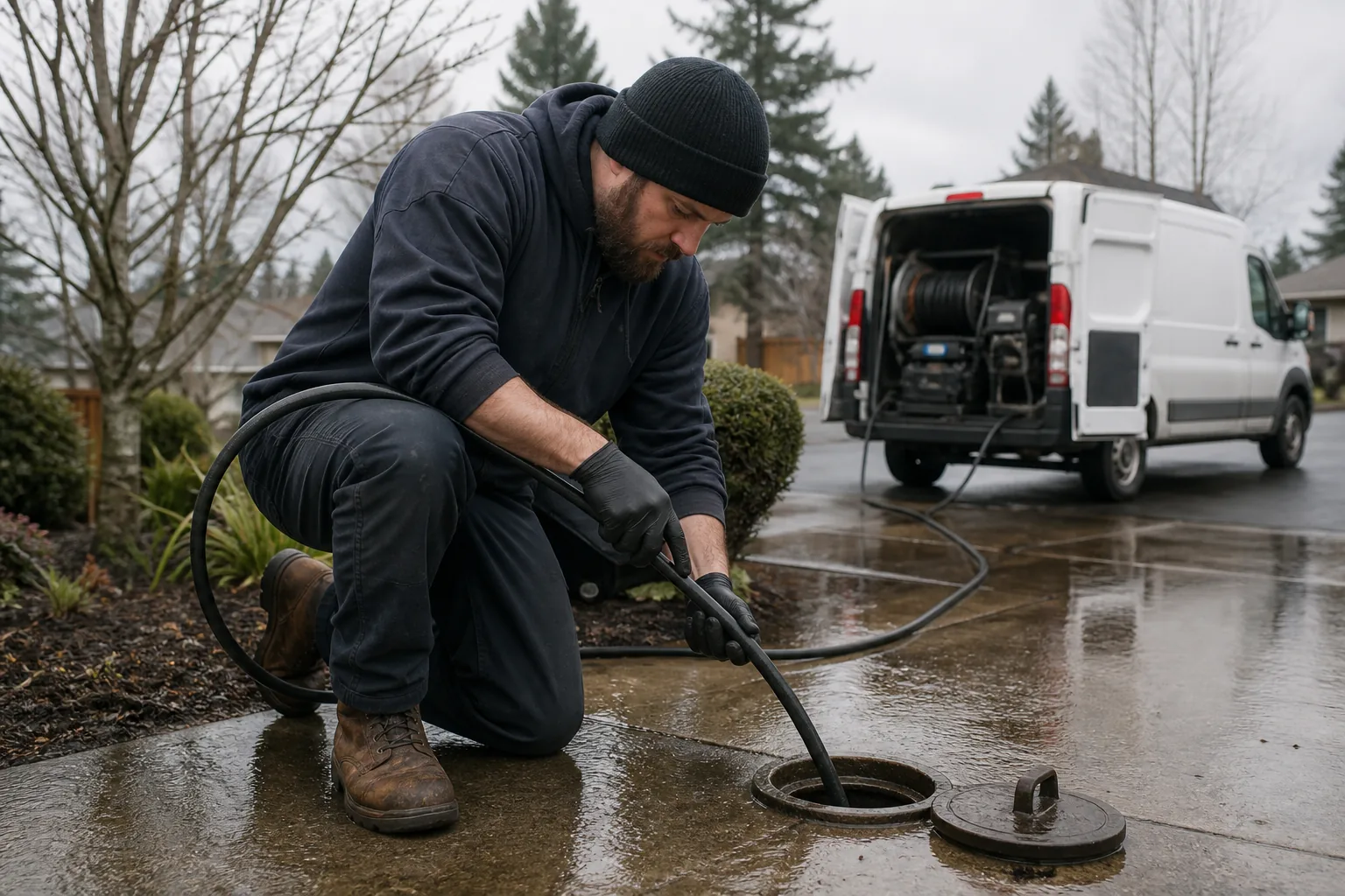 Hydro jetting a residential cleanout in an Everett driveway