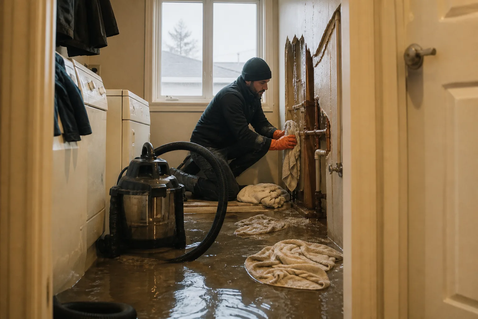 Plumber containing a flooded utility room after a burst supply line