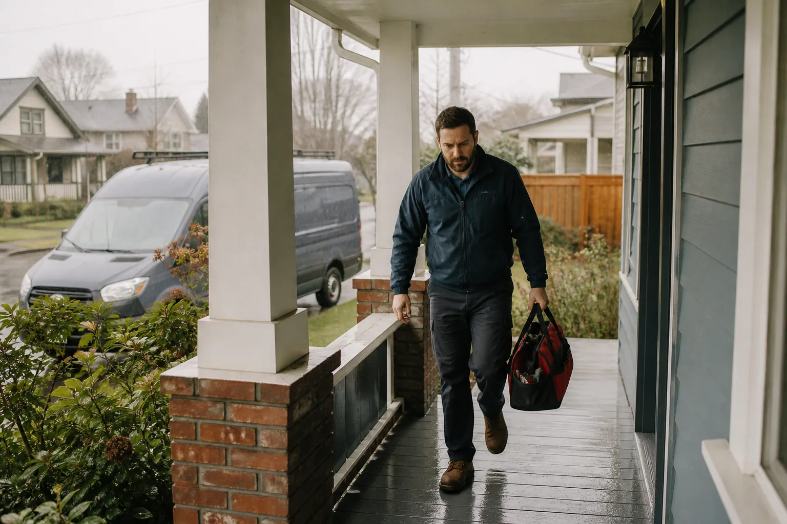 Plumber arriving at an Everett bungalow porch in the rain