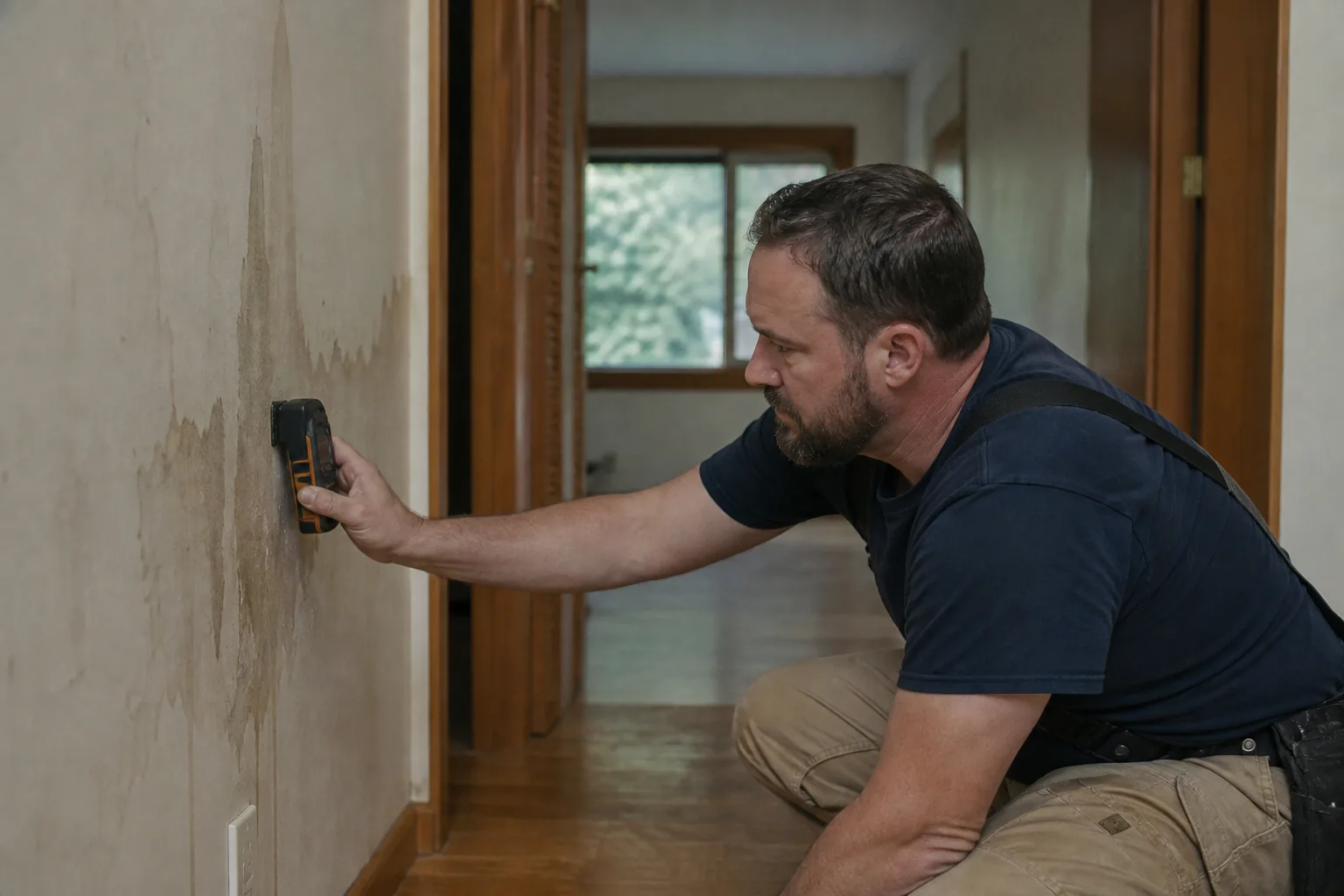 Plumber checking moisture in water-stained drywall