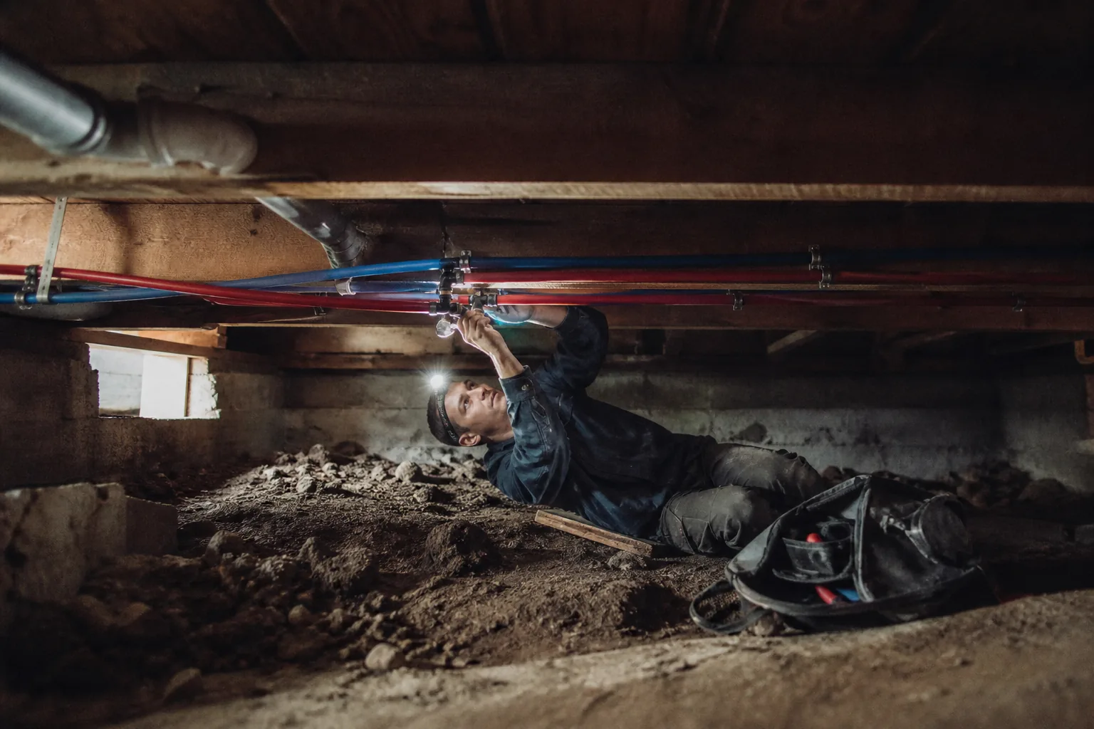 PEX piping installed along joists in an older Everett crawlspace
