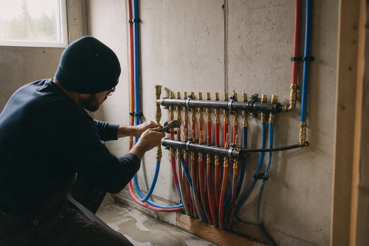 Finished PEX manifold in a basement with a plumber tightening fittings