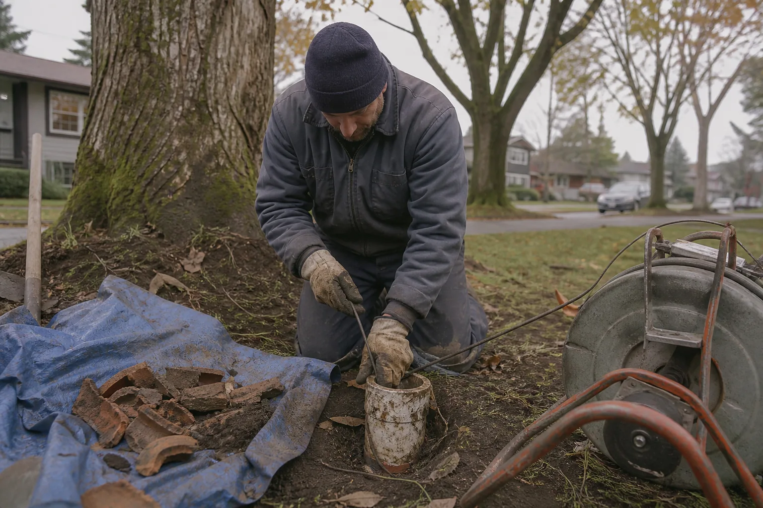 Plumber working a yard cleanout near mature trees in older Everett