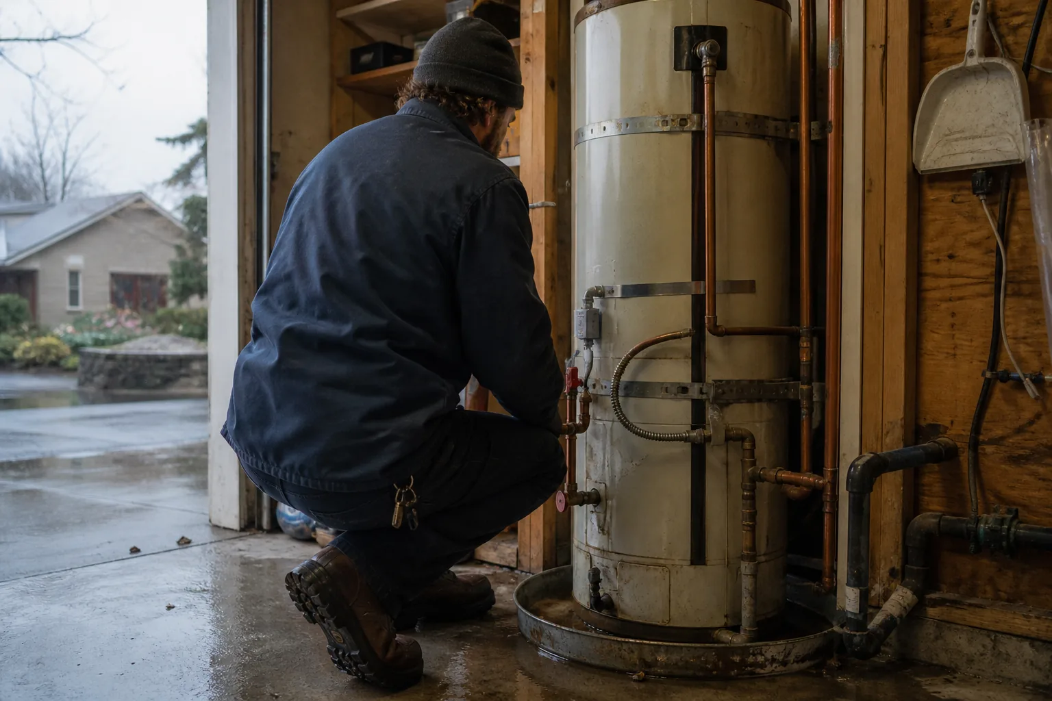 Plumber diagnosing a garage water heater in Pacific Northwest overcast light