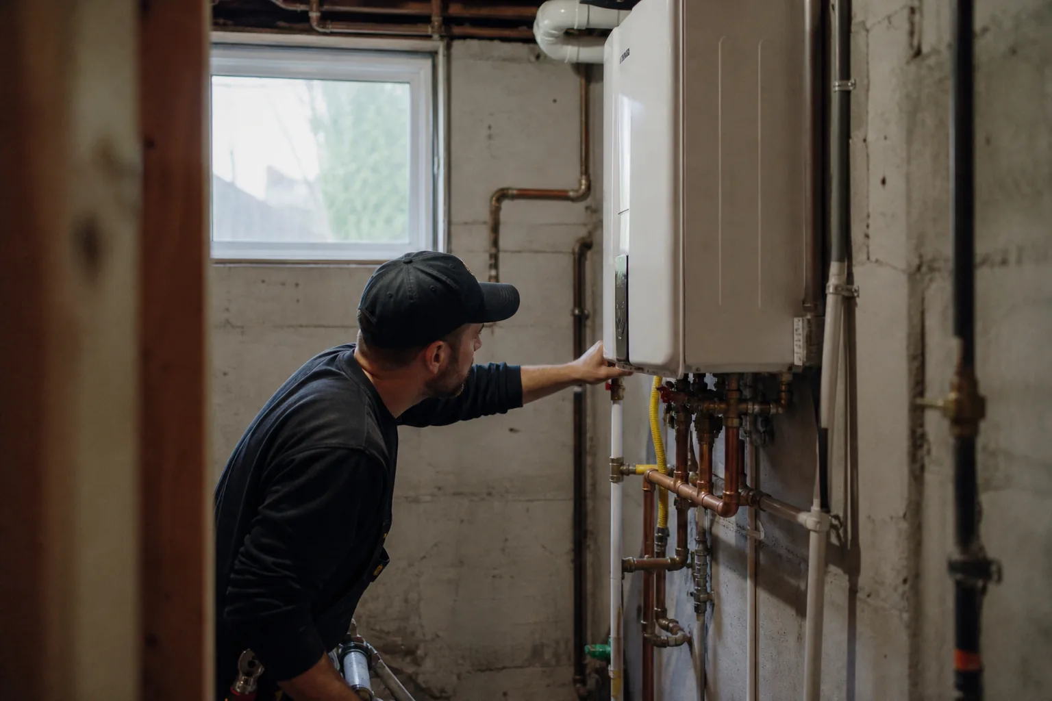 Plumber servicing a tankless water heater on a basement wall