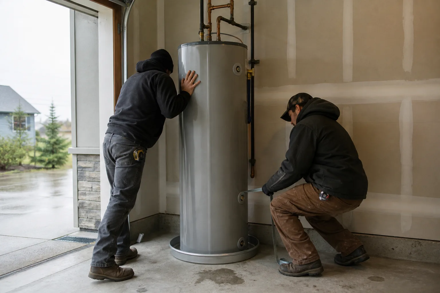 Crew setting a new tank water heater into a drain pan